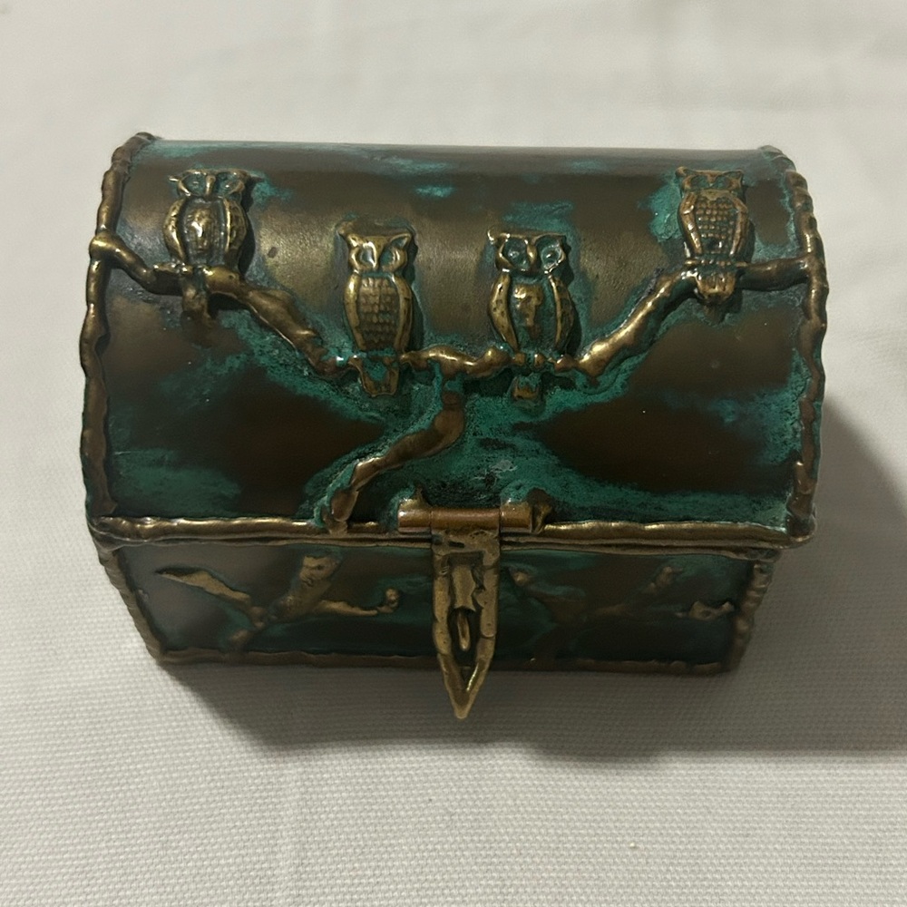Vintage Brass Carved Owl Trinket Box Signed Cervantes